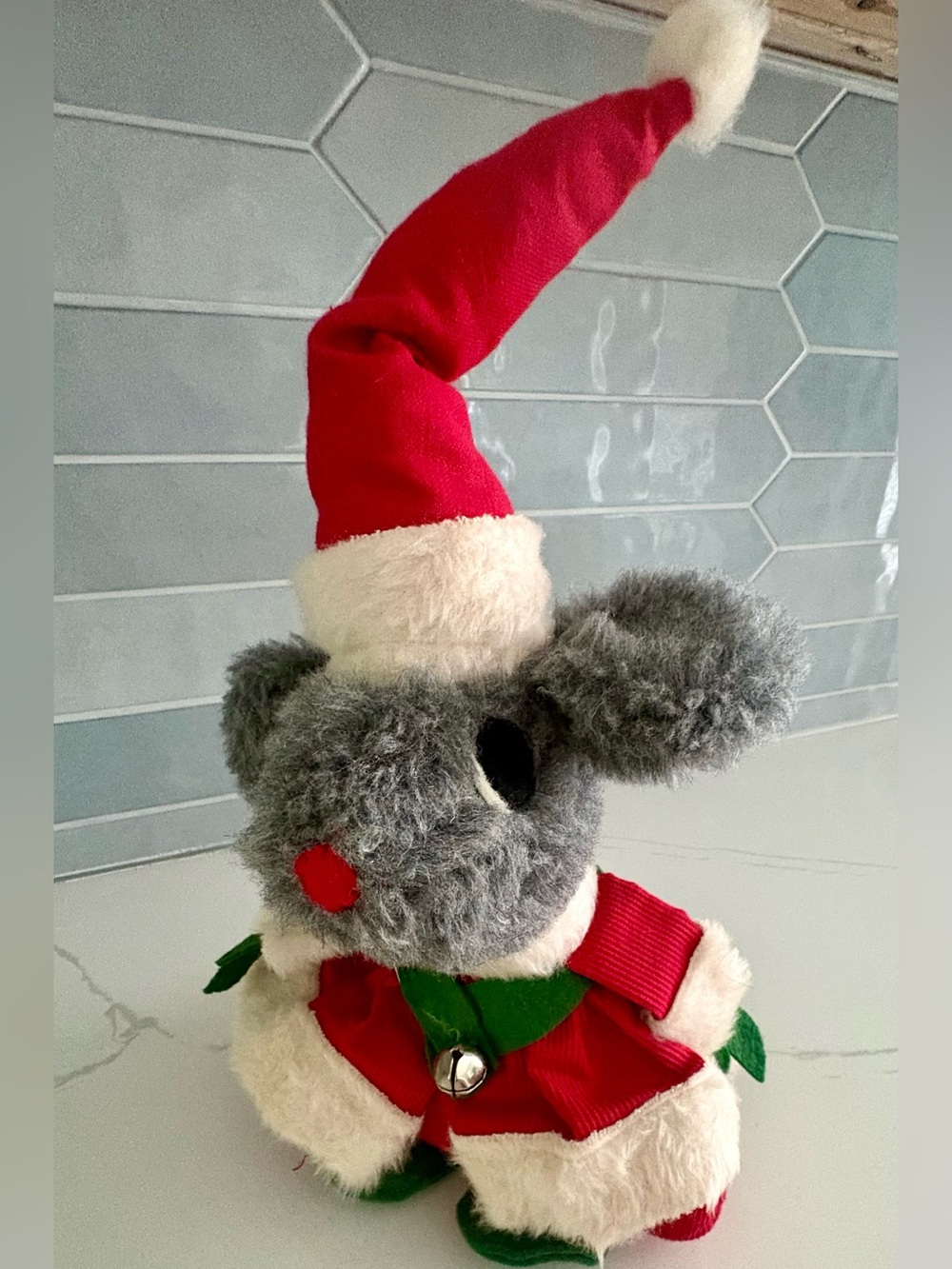 Vintage Christmas Grey Santa Mouse Plush Figure w/ Silver Bell